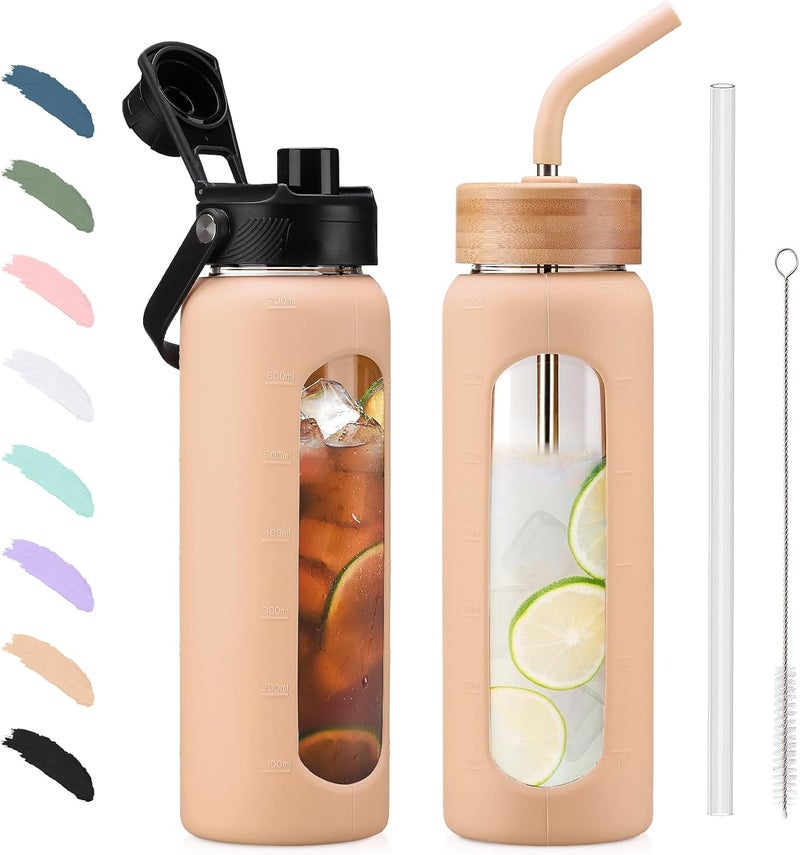 BLUEGO Drinking Bottle 700 ml Borosilicate Glass Sports Water Bottle with Straw and 2 Lids, Leak-Proof Drinking Bottles with Time Marking and Measuring Scale, BPA-Free, Amber - Image 1