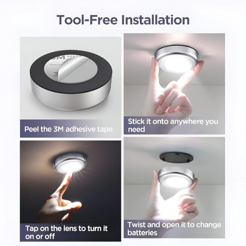 MeeTo Wireless LED Puck Light, Stick-Anywhere Closet Portable Tap Push Button Stair-Wall Lights for Cabinet, Hallway, Bathroom, Bedroom, Kitchen, 3 Battery Operated Low White Light, Pc (2) - Image 4