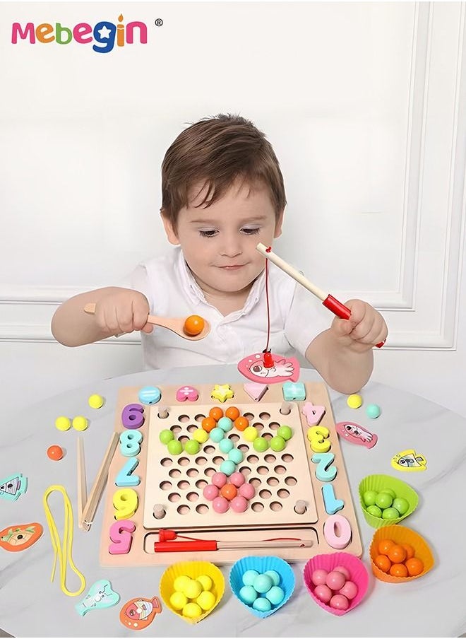 MEBEGIN 6-in-1 Wooden Toy with Fishing Game, Threading Game, Color Matching Game and Other Fun Games, Magnetic Fishing Game, Multifunctional Board Game for 2-4 Players, Parent-child Game, Ideal Gift for Kids Aged 36 Months+  - Image 3
