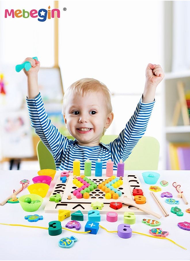 MEBEGIN 6-in-1 Wooden Toy with Fishing Game, Threading Game, Color Matching Game and Other Fun Games, Magnetic Fishing Game, Multifunctional Board Game for 2-4 Players, Parent-child Game, Ideal Gift for Kids Aged 36 Months+  - Image 2