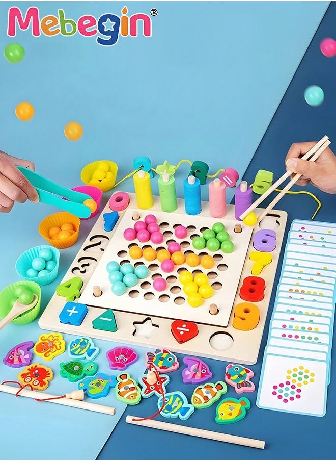 MEBEGIN 6-in-1 Wooden Toy with Fishing Game, Threading Game, Color Matching Game and Other Fun Games, Magnetic Fishing Game, Multifunctional Board Game for 2-4 Players, Parent-child Game, Ideal Gift for Kids Aged 36 Months+  - Image 1