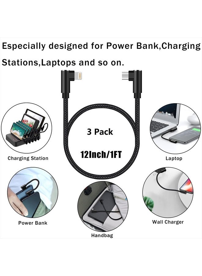 USB C to Lightning Cable 1ft 3 Pack MFi Certified Right Angle iPhone Charger 90 Degree Elbow Braided Lightning to USB C Cable for iPhone 13 12 11 Pro X XS XR 8 Plus 7 6 5 (Black)