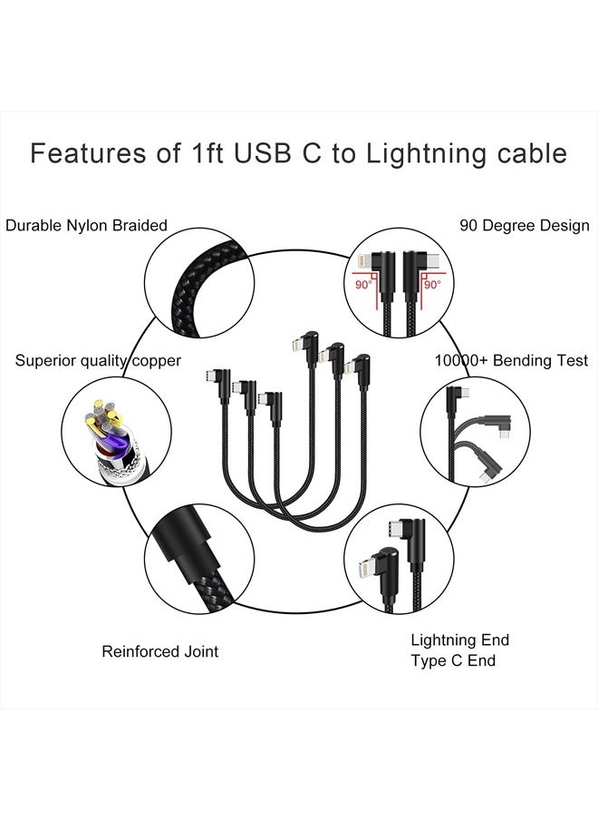 USB C to Lightning Cable 1ft 3 Pack MFi Certified Right Angle iPhone Charger 90 Degree Elbow Braided Lightning to USB C Cable for iPhone 13 12 11 Pro X XS XR 8 Plus 7 6 5 (Black)