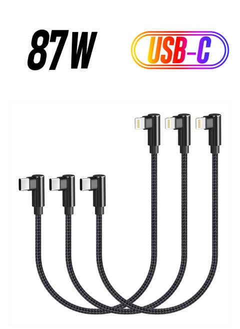 USB C to Lightning Cable 1ft 3 Pack MFi Certified Right Angle iPhone Charger 90 Degree Elbow Braided Lightning to USB C Cable for iPhone 13 12 11 Pro X XS XR 8 Plus 7 6 5 (Black)