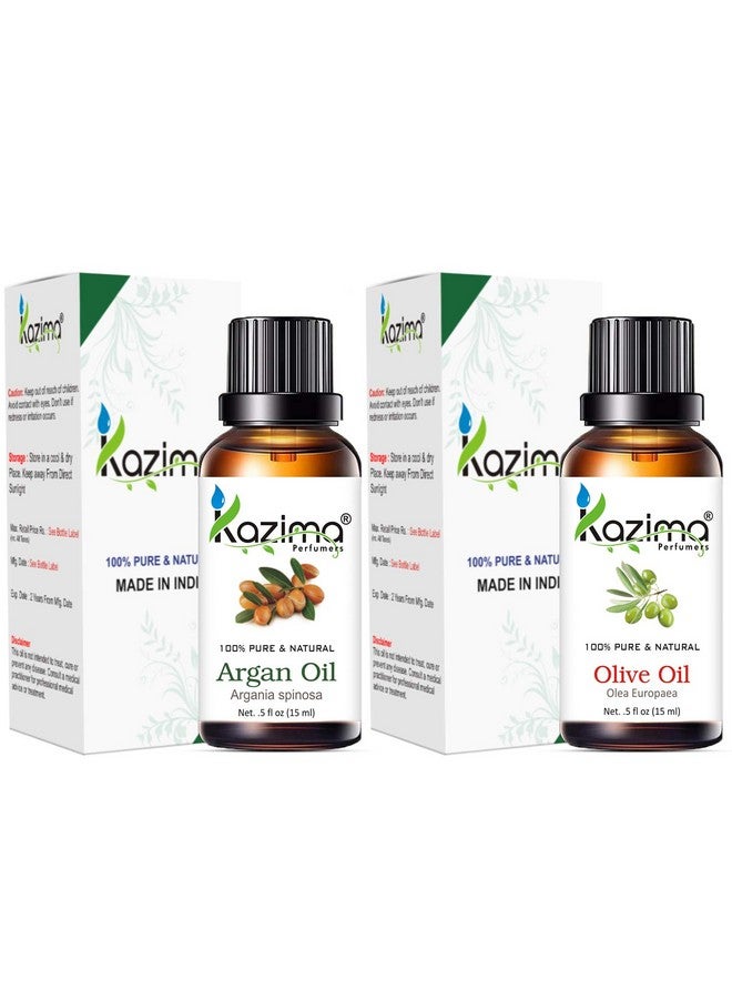 KAZIMA Combo Of Argan Oil And Olive Oil - 100% Pure Cold Pressed Carrier Oil For Acne, Hair Growth, Scalp Nourishment & Skin Moisturizing, 15 Ml Each - Image 1