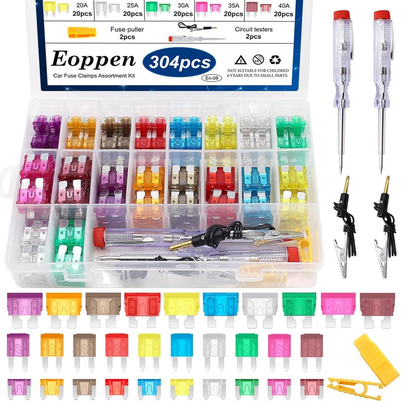 Eoppen 304Pcs Car Fuses Assortment Kit with Fuse Puller and Circuit Tester - Standard & Mini & Low Profile Mini Fuse Kit (3A 5A 7.5A 10A 15A 20A 25A 30A 35A 40A) - Image 1