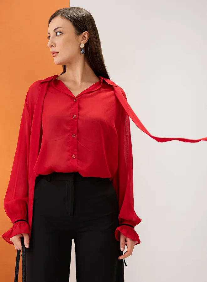 جلو باص بلوزة شيفون بتفاصيل ربطة