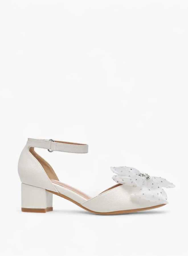 Celeste Girls Flower Applique Block Heel Shoes With Hook And Loop Closure