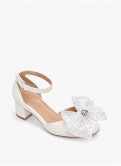 Girls Flower Applique Block Heel Shoes With Hook And Loop Closure