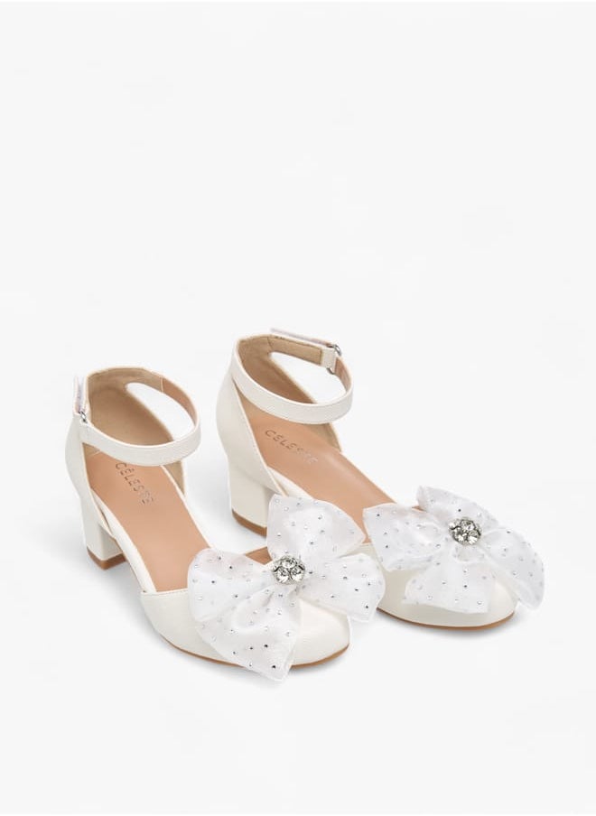 Celeste - Girls Flower Applique Block Heel Shoes With Hook And Loop Closure - Image 1