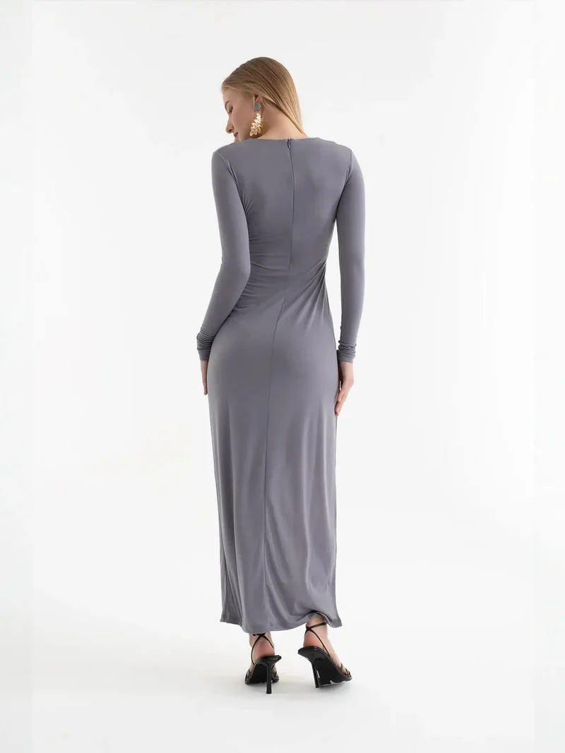 HICCUP Round Neck Slit Long Sleeve Midi Dress