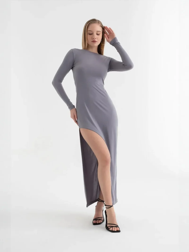 HICCUP Round Neck Slit Long Sleeve Midi Dress