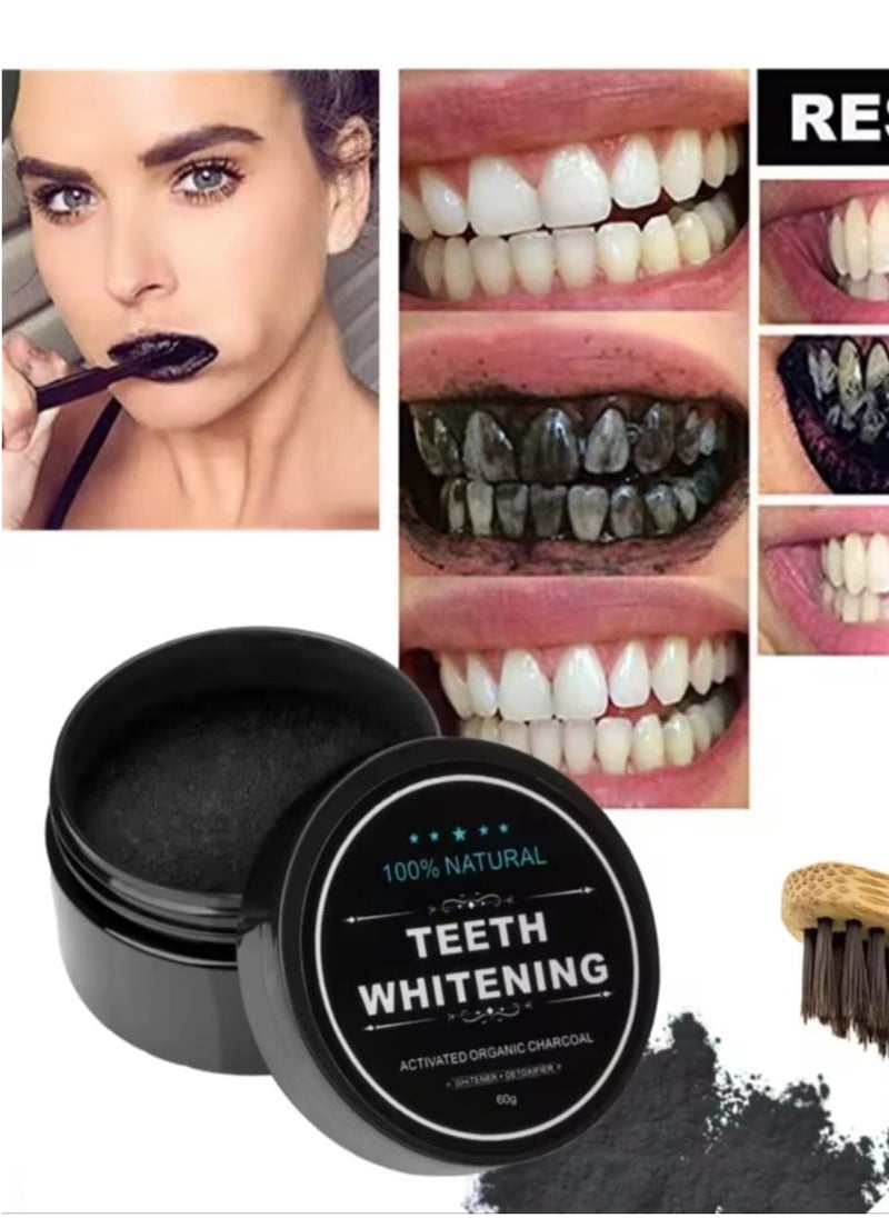 100% NATURAL - Activated Charcoal Teeth Whitening Powder With Organic Brush Black/Beige 30g - Image 1