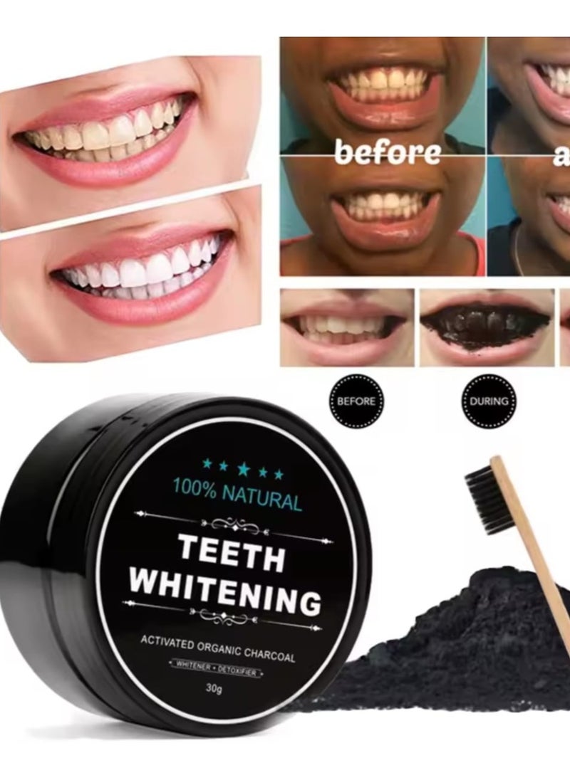 100% NATURAL - Activated Charcoal Teeth Whitening Powder With Organic Brush Black/Beige 30g - Image 1