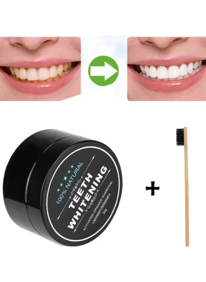 100% NATURAL - Activated Charcoal Teeth Whitening Powder With Organic Brush Black/Beige 30g - Image 1