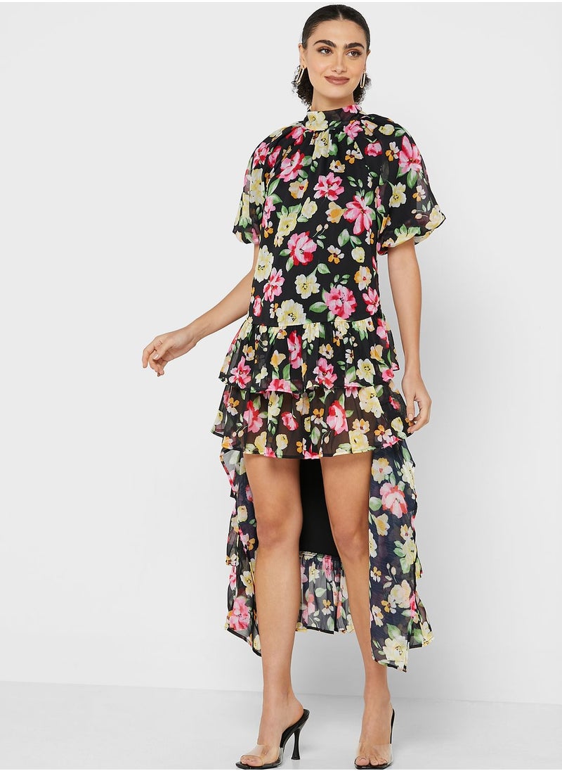 LOST INK - Large Floral Print High Low Midi Dress - Image 1