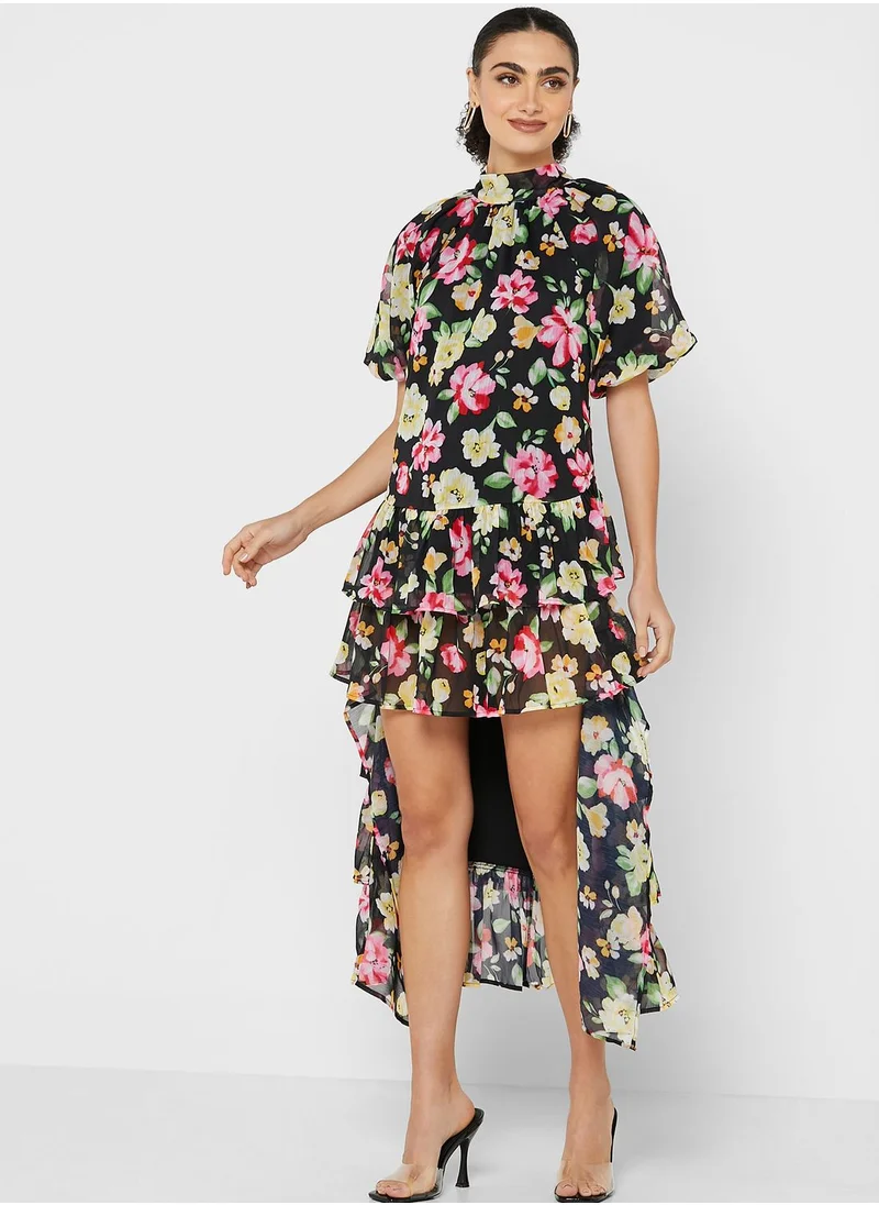 LOST INK Large Floral Print High Low Midi Dress