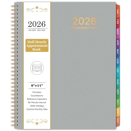 BooQool دفتر مواعيد 2026 - أسبوعي وشهري، 9" × 11"، كبير، يناير 2026 - ديسمبر 2026، فترات 30 دقيقة، مخطط يومي وساعي، علامات شهرية ملونة، جيب داخلي، رمادي - Image 1