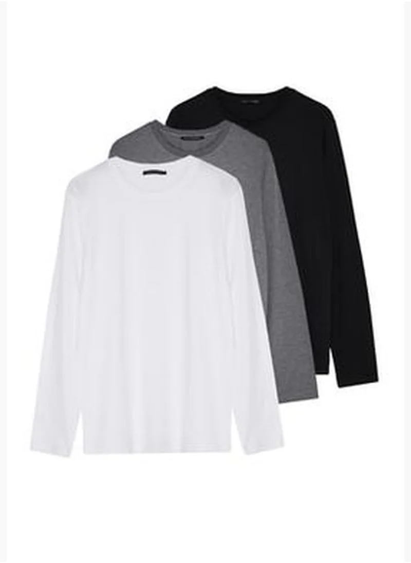 trendyol Anthracite-White-Black Men's Regular/Normal Fit Long Sleeve 3-Pack Basic 100% Cotton T-Shirt