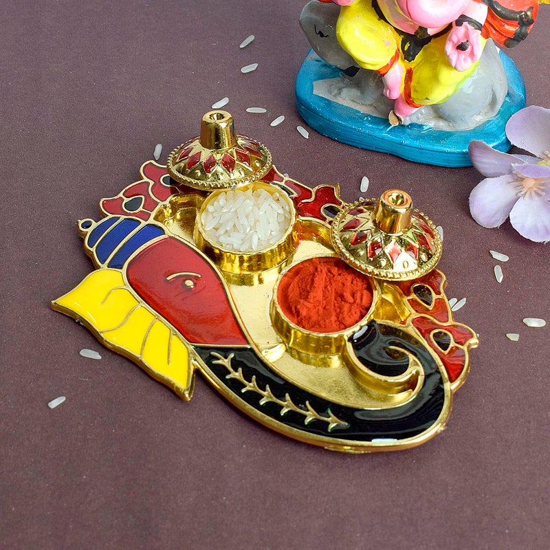 SATVIK STORE SATVIK 1 Pc Ganeshshaped Kankavati Roli ChawalRice Holder Akshata Kumkum Haldi Holder Indian Festival Rakhi Pooja Thali Diwali Pujan Puja Mandir Tika Platter Housewarming Gifts Items - Image 1