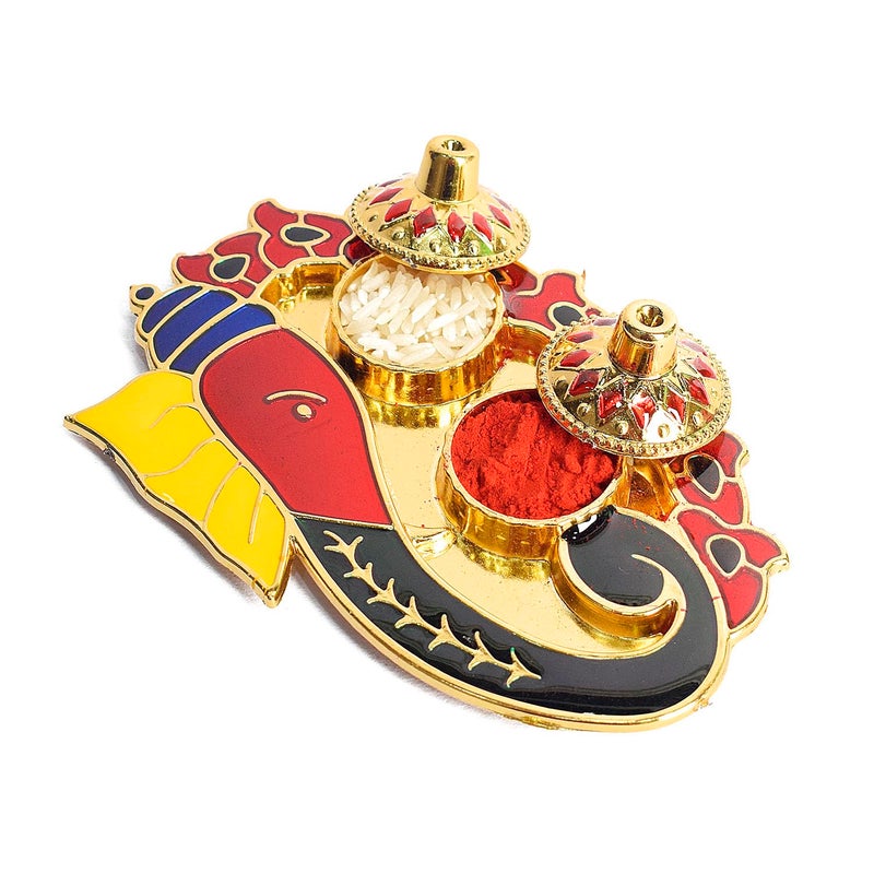 SATVIK STORE SATVIK 1 Pc Ganeshshaped Kankavati Roli ChawalRice Holder Akshata Kumkum Haldi Holder Indian Festival Rakhi Pooja Thali Diwali Pujan Puja Mandir Tika Platter Housewarming Gifts Items - Image 5
