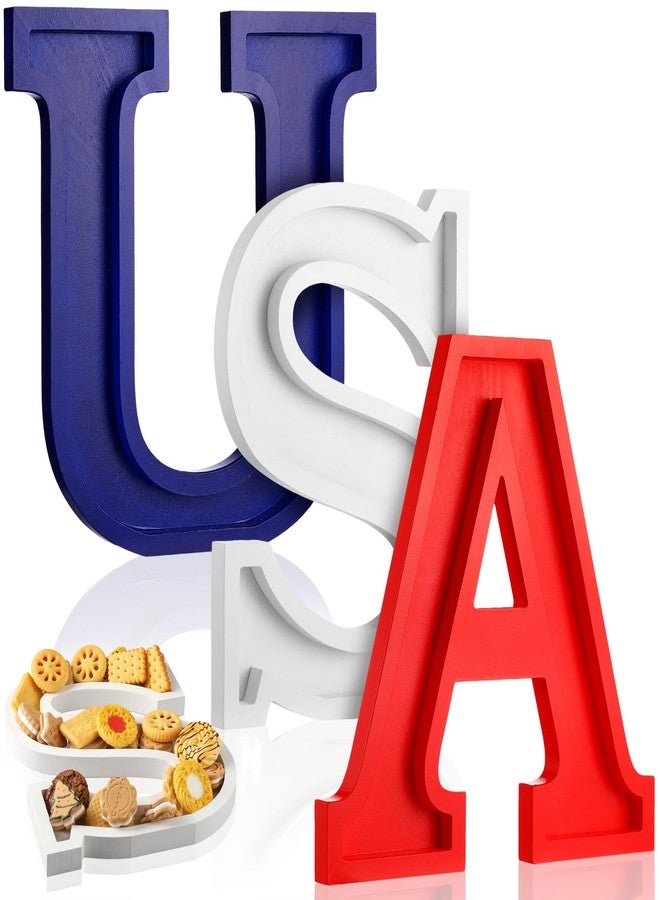 Maxcheck 3 Pcs USA Letter Food Trays Wood Red White and Blue 4th of July Serving Dishes 250th Anniversary Day Patriotic Serving Platter for Snack Candy Charcuterie Independence Day Party Decoration - Image 1