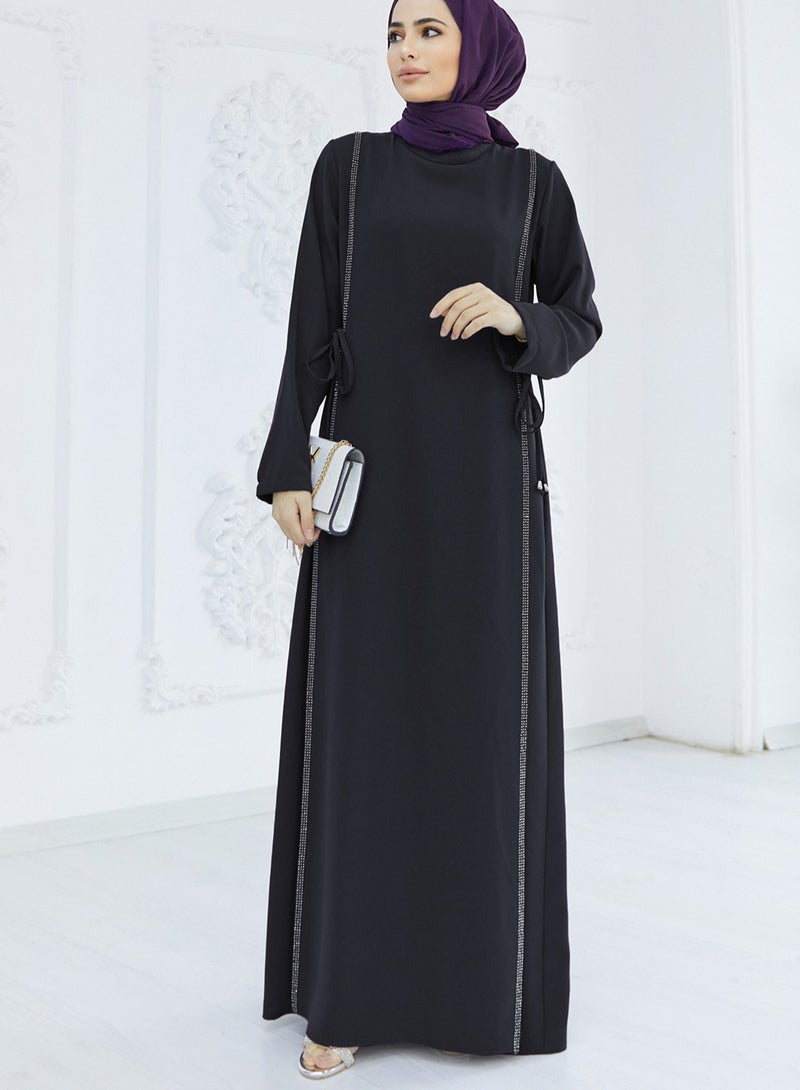 Elegant Black Abaya with Rhinestone Side Panels and Waist Tie – Modest Long Dress for Women - Image 1