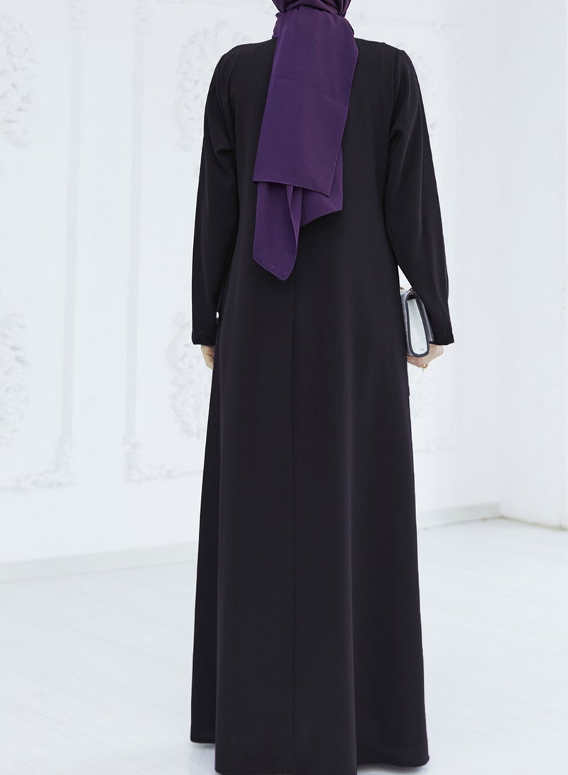 Elegant Black Abaya with Rhinestone Side Panels and Waist Tie – Modest Long Dress for Women - Image 4