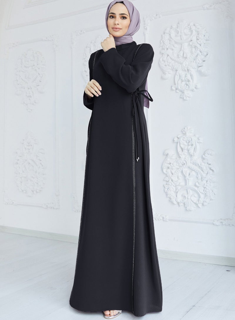 Elegant Black Abaya with Rhinestone Side Panels and Waist Tie – Modest Long Dress for Women - Image 2