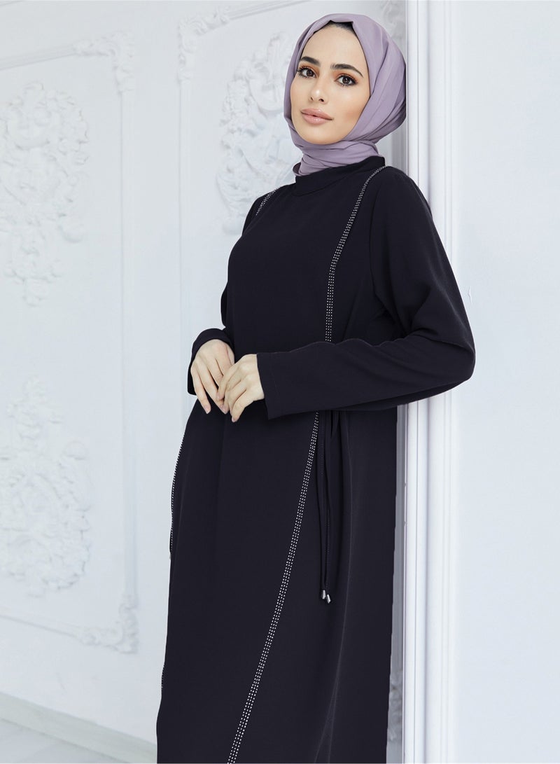 Elegant Black Abaya with Rhinestone Side Panels and Waist Tie – Modest Long Dress for Women - Image 3