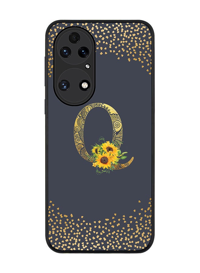 Stylizedd Rugged Black edge case for Huawei P50 Slim fit Soft Case Flexible Rubber Edges Anti Drop TPU Gel Thin Cover - Custom Monogram Initial Letter Floral Pattern Alphabet - Q (Grey ) - Image 1