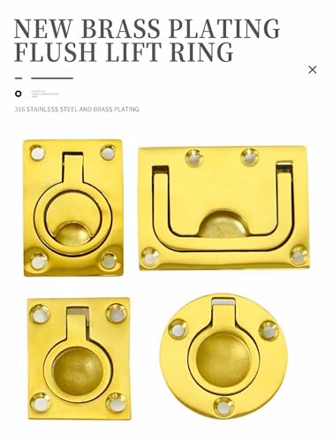 HAIWEN 316 Stainless Steel Brass Plating Hatch Flush Ring Pull Polished Brass Marine RoundSquare Flush Lift Ring Locker Flush Lift Ring Pull Deck Hatch with Screws Golden 76 57mm - Image 3