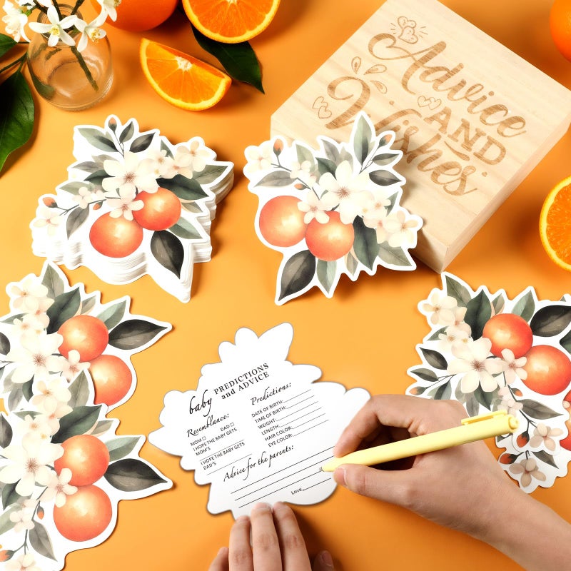 RattanView 50 Pcs Double Sided A Little Cutie Is on The Way Baby Prediction and Advice Game Cards Orange Cutie Decoration with Wooden Keepsake Box Shower Game Cards - Image 3