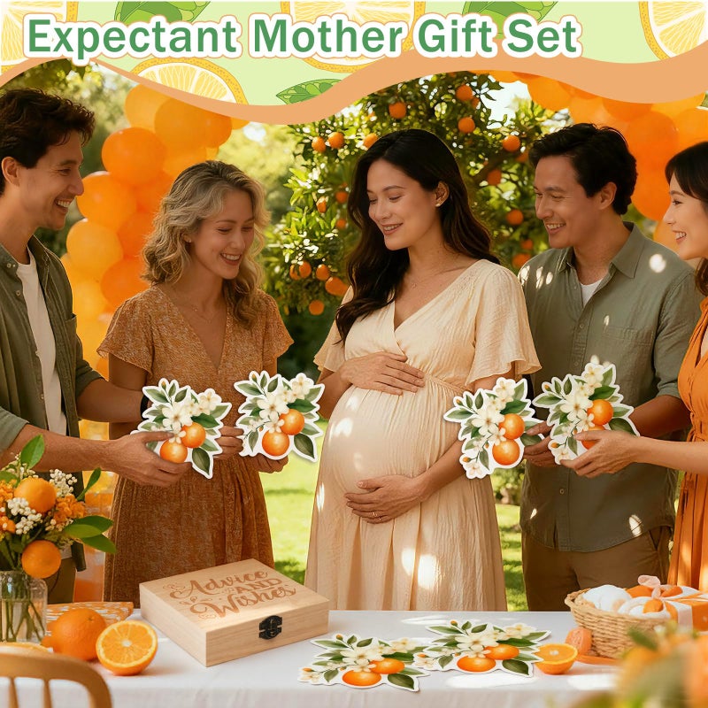 RattanView 50 Pcs Double Sided A Little Cutie Is on The Way Baby Prediction and Advice Game Cards Orange Cutie Decoration with Wooden Keepsake Box Shower Game Cards - Image 4