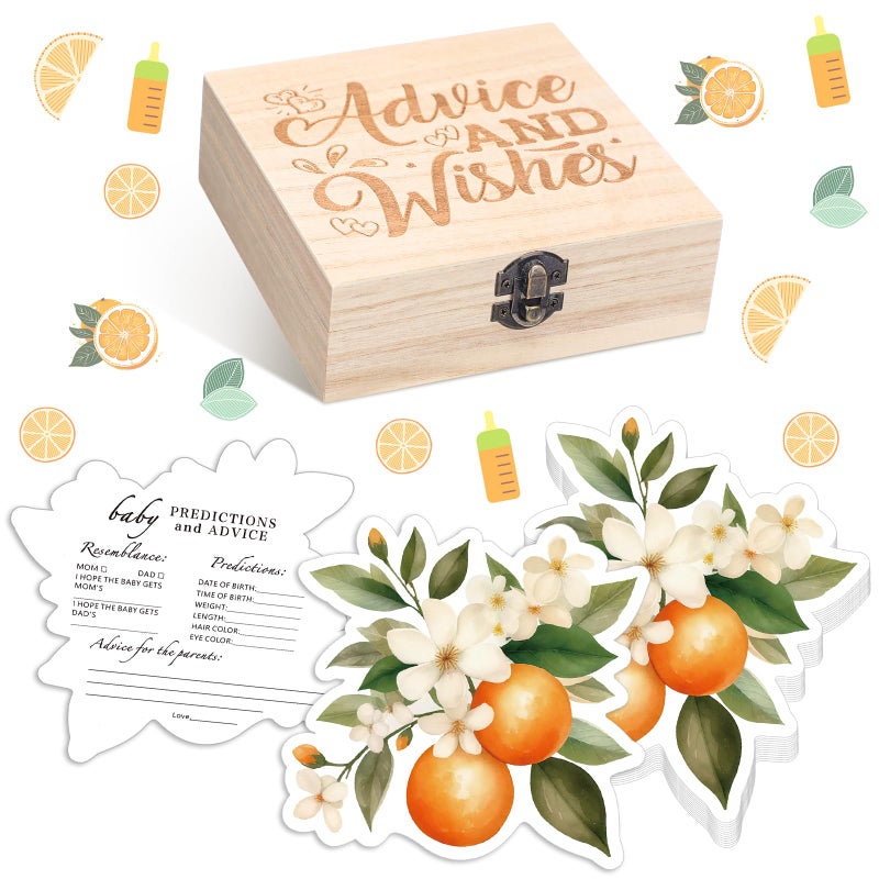 RattanView 50 Pcs Double Sided A Little Cutie Is on The Way Baby Prediction and Advice Game Cards Orange Cutie Decoration with Wooden Keepsake Box Shower Game Cards - Image 1