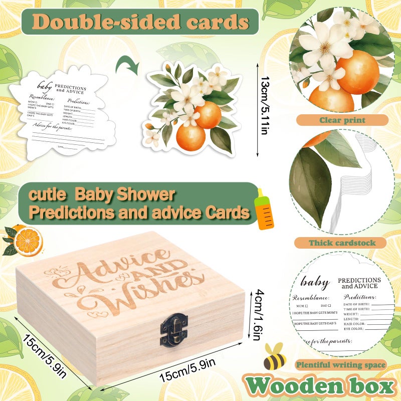 RattanView 50 Pcs Double Sided A Little Cutie Is on The Way Baby Prediction and Advice Game Cards Orange Cutie Decoration with Wooden Keepsake Box Shower Game Cards - Image 2