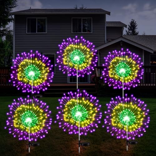 Tujoe 6 Pcs Mardi Gras Solar Firework Lights Solar Lights Outdoor Garden 120 LED 8 Modes Waterproof LED Sparkler Outdoor for Carnival Patio Yard Pathway Walkway (Carnival Color) - Image 1