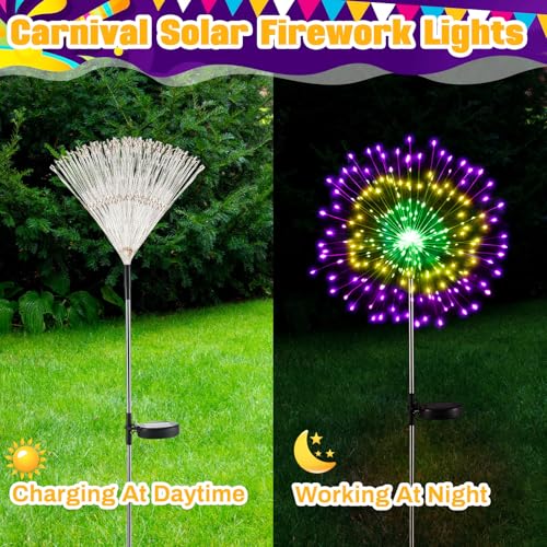 Tujoe 6 Pcs Mardi Gras Solar Firework Lights Solar Lights Outdoor Garden 120 LED 8 Modes Waterproof LED Sparkler Outdoor for Carnival Patio Yard Pathway Walkway (Carnival Color) - Image 4
