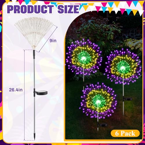 Tujoe 6 Pcs Mardi Gras Solar Firework Lights Solar Lights Outdoor Garden 120 LED 8 Modes Waterproof LED Sparkler Outdoor for Carnival Patio Yard Pathway Walkway (Carnival Color) - Image 2
