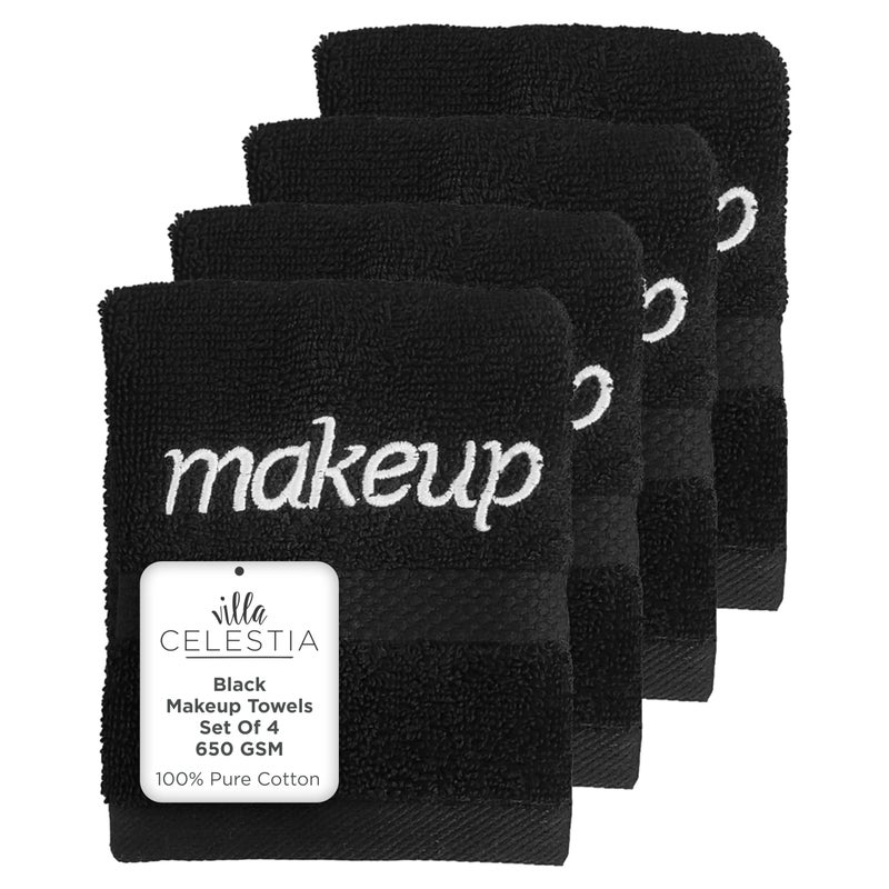 Villa Celestia Black Makeup Remover Towels Set of 4, 100% Soft Cotton Reusable Luxury 4 Pcs Makeup Wipes for Face, Ideal for Salon, Bath, Hotel, Spa, Washcloths for Face Pack of 4 (12"X12") - Image 1