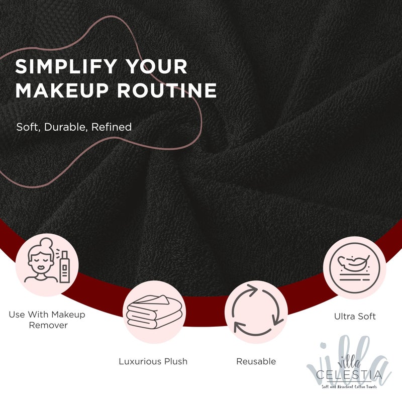 Villa Celestia Black Makeup Remover Towels Set of 4, 100% Soft Cotton Reusable Luxury 4 Pcs Makeup Wipes for Face, Ideal for Salon, Bath, Hotel, Spa, Washcloths for Face Pack of 4 (12"X12") - Image 2