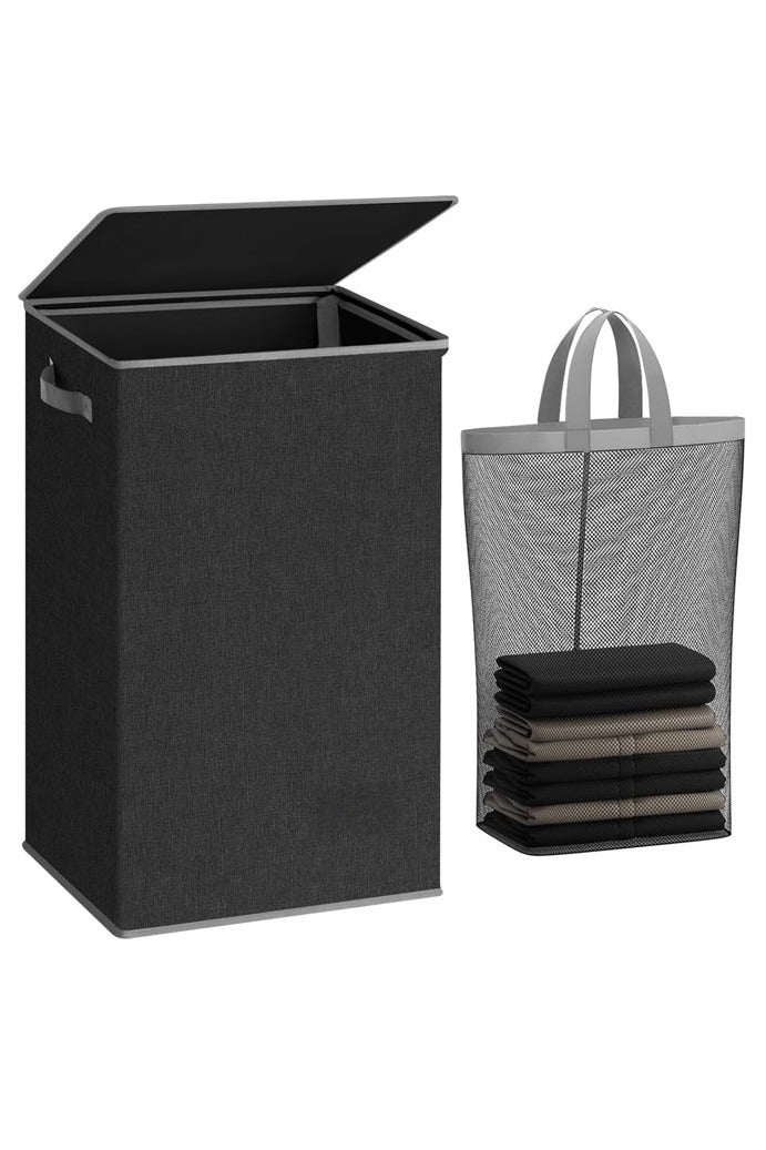 Taizz Ventures 90L Large Laundry Hamper with Lid & Tall Collapsible Laundry Basket, Clothes Hamper with Bag Removable Easy to Carry, Dirty Hampers for Bedroom, Bathroom, Dorm, College, Lvory, Black