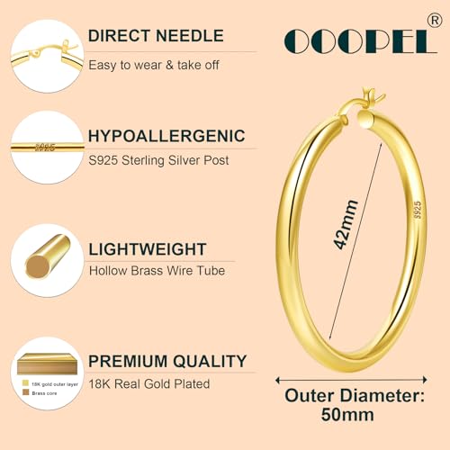 OOOPEL 4mm Thick Gold Chunky Earrings Steling Silver Post Hoops Earring For Women Hollow Tube Thick Golden Hoop Earrings Hypoallergenic Lightweight Gold Hoop Large Earrings - Image 2