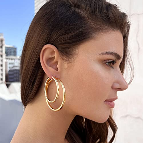 OOOPEL 4mm Thick Gold Chunky Earrings Steling Silver Post Hoops Earring For Women Hollow Tube Thick Golden Hoop Earrings Hypoallergenic Lightweight Gold Hoop Large Earrings - Image 4