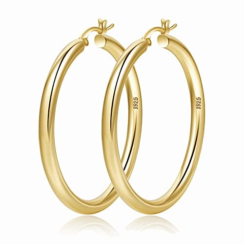OOOPEL 4mm Thick Gold Chunky Earrings Steling Silver Post Hoops Earring For Women Hollow Tube Thick Golden Hoop Earrings Hypoallergenic Lightweight Gold Hoop Large Earrings - Image 1