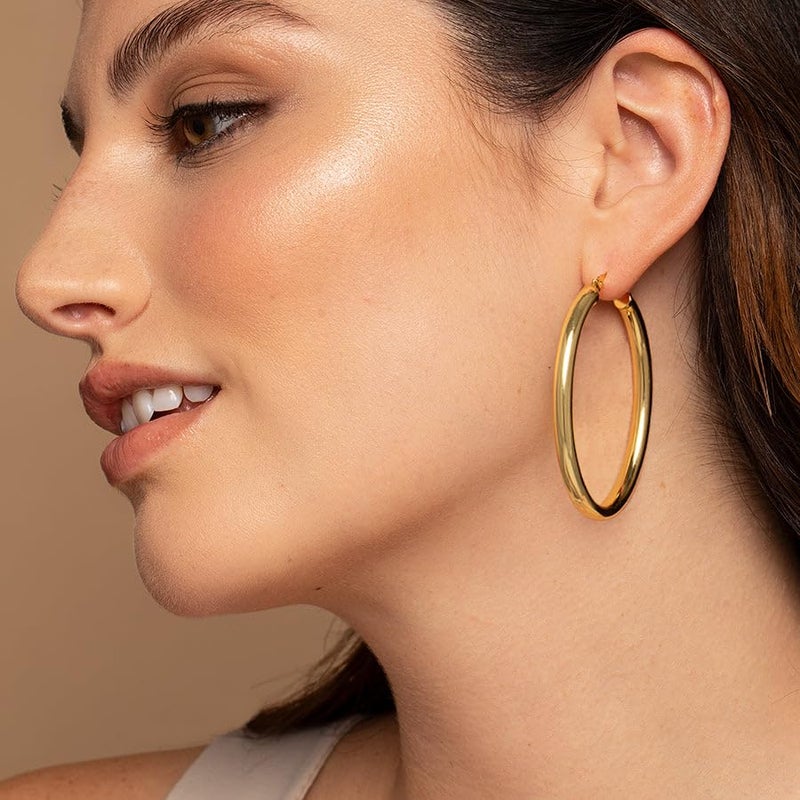 OOOPEL 4mm Thick Gold Chunky Earrings Steling Silver Post Hoops Earring For Women Hollow Tube Thick Golden Hoop Earrings Hypoallergenic Lightweight Gold Hoop Large Earrings - Image 5