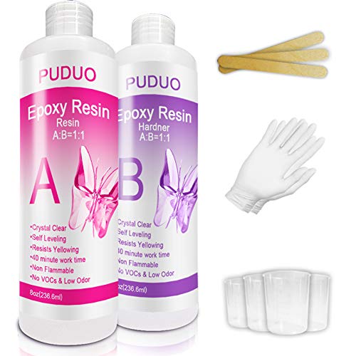 Puduo Epoxy Resin Crystal Clear Kit for Art, Jewelry, Crafts, Coating- 16 OZ Including 8OZ Resin and 8OZ Hardener | Bonus 4 pcs Measuring Cups, 3pcs Sticks, 1 Pair Rubber Gloves by Puduo - Image 1