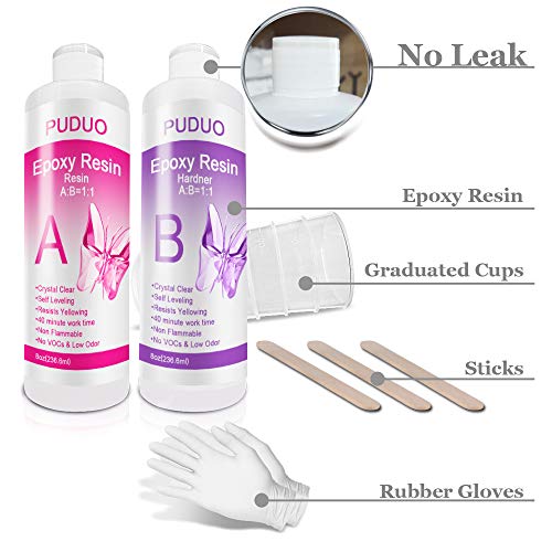 Puduo Epoxy Resin Crystal Clear Kit for Art, Jewelry, Crafts, Coating- 16 OZ Including 8OZ Resin and 8OZ Hardener | Bonus 4 pcs Measuring Cups, 3pcs Sticks, 1 Pair Rubber Gloves by Puduo - Image 4