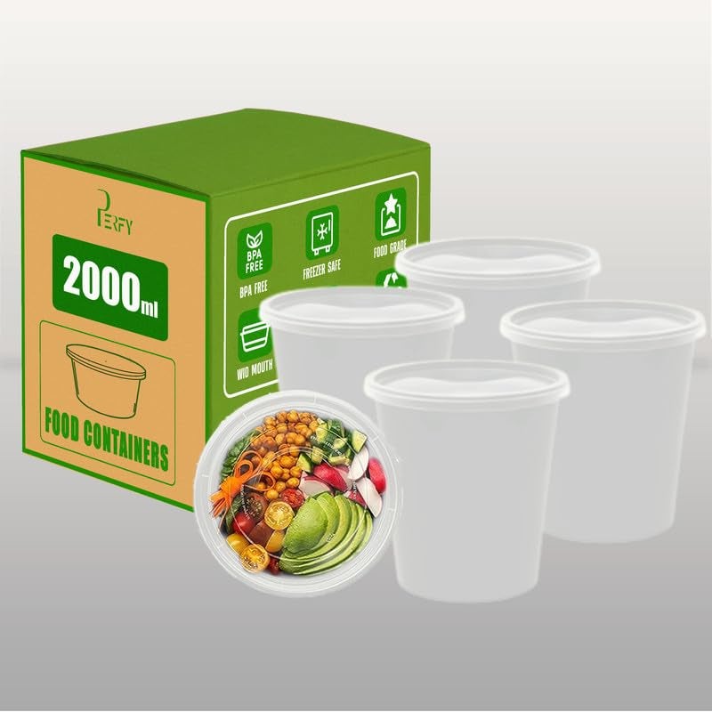 Perfy 2000ml Round Reusable Plastic Food Storage Containers With Lids 50PackMicrowave SafeIdeal For Kitchen StorageFood PackingWhite - Image 1