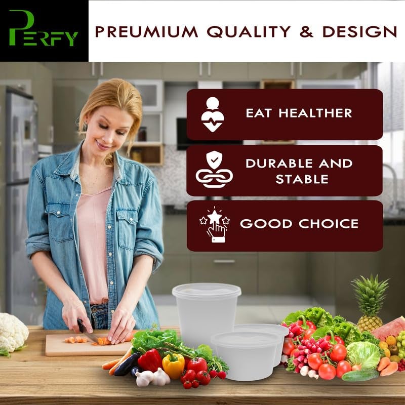Perfy 2000ml Round Reusable Plastic Food Storage Containers With Lids 50PackMicrowave SafeIdeal For Kitchen StorageFood PackingWhite - Image 2